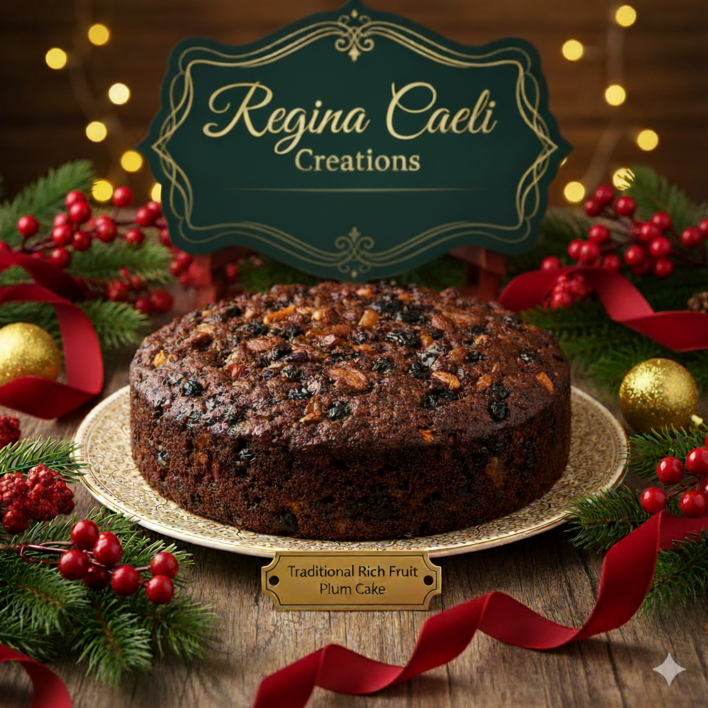 A traditional rich fruit plum cake on a plate, surrounded by festive holly and ribbon